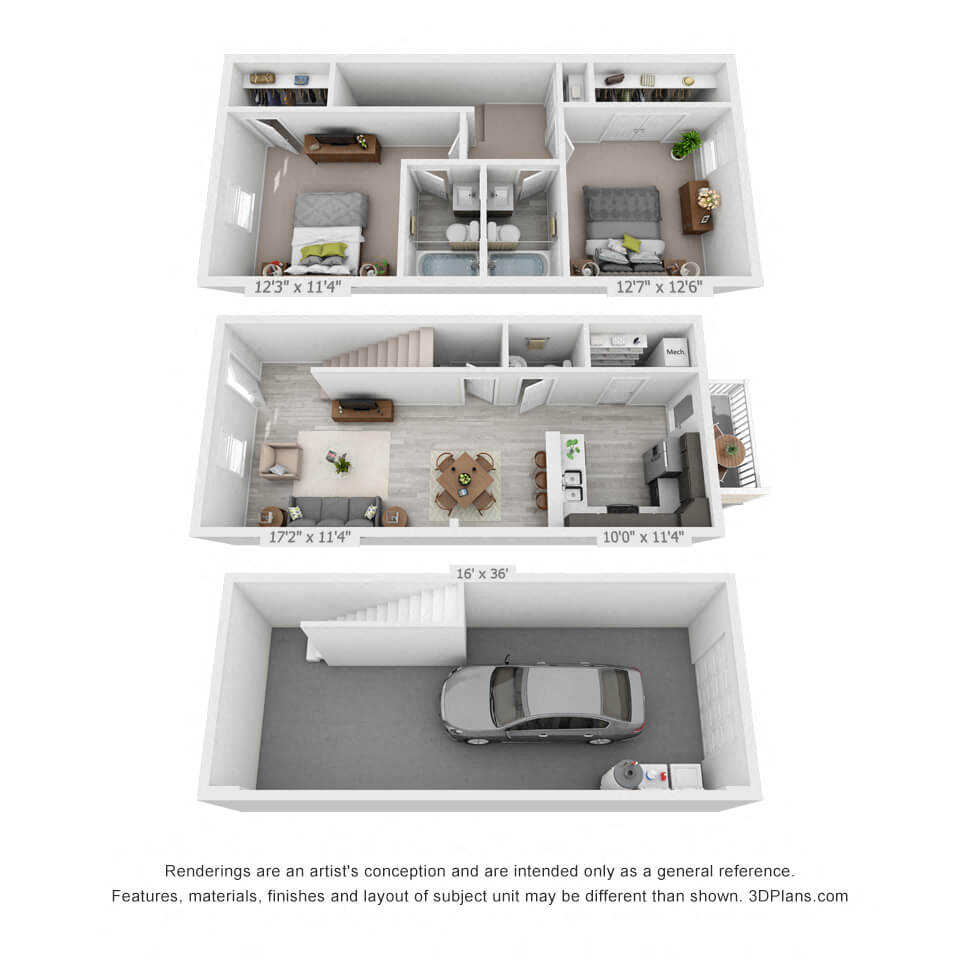 Floor plan for 2 beds, 2.5 baths, 1152 sqft